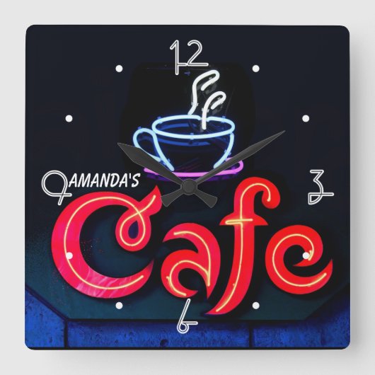 コーヒーハウスネオンライトホームパーソナライズされたバー時計 スクエア壁時計 (正面)