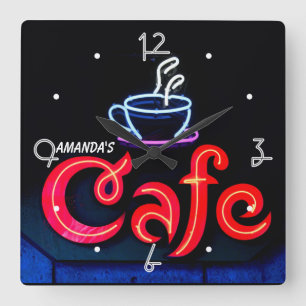 コーヒーハウスネオンライトホームパーソナライズされたバー時計 スクエア壁時計
