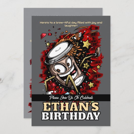 コーヒーバースト – はっきりしたおよびよくはしゃぐ誕生日 招待状 (正面/裏面)