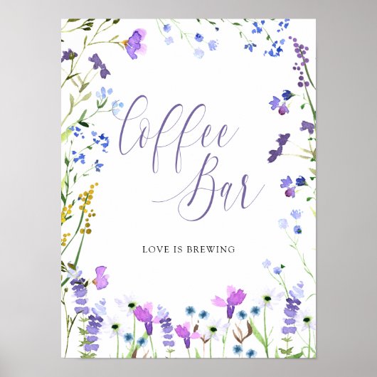 コーヒーバーパープルワイルドフラワーブライダルシャワーサイン ポスター (正面)