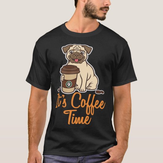 コーヒーパグ犬とコーヒー Tシャツ (正面)