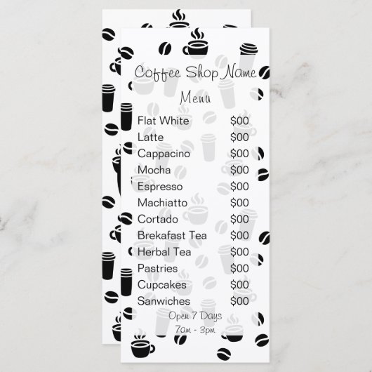 コーヒーパターン（の模様が）あるカフェのビジネスロゴの価格表 メニュー (正面/裏面)