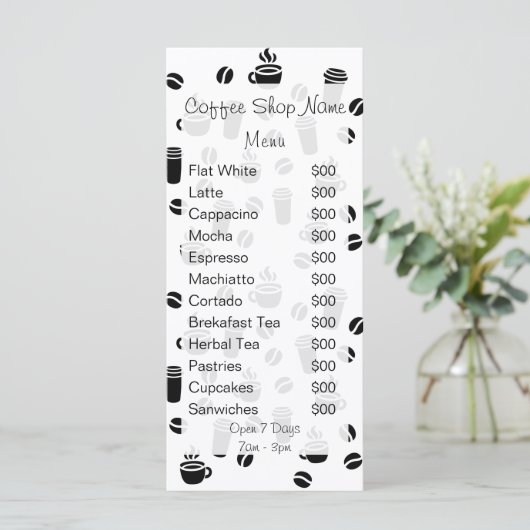 コーヒーパターン(の模様が)あるカフェのビジネスロゴの価格表 メニュー (スタンド正面)