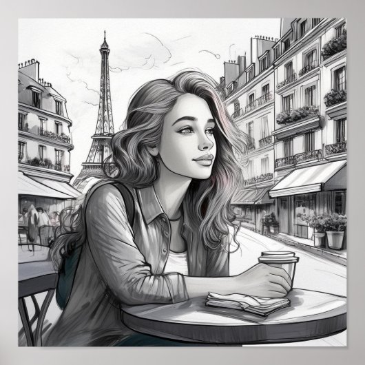 コーヒーフランスのを飲む女の子 ポスター (正面)