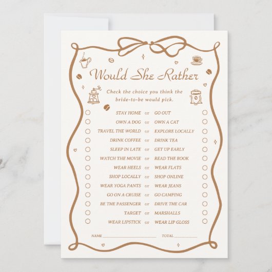 コーヒーブライダルシャワーは彼女はむしろゲームカードだろう 招待状 (正面)