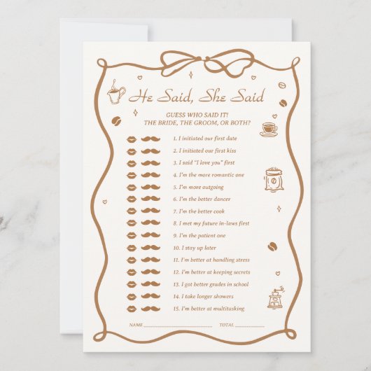 コーヒーブライダルシャワー彼は彼女はゲームカードを言った 招待状 (正面)