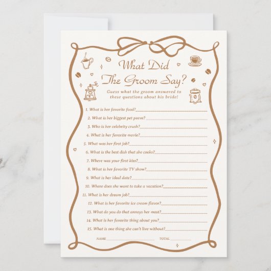 コーヒーブライダルシャワー新郎が何と言ったゲーム 招待状 (正面)