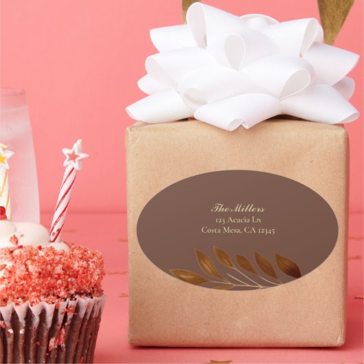 コーヒーブラウンと金ゴールド結婚リーフの差出人住所 楕円形シール (パーティー)