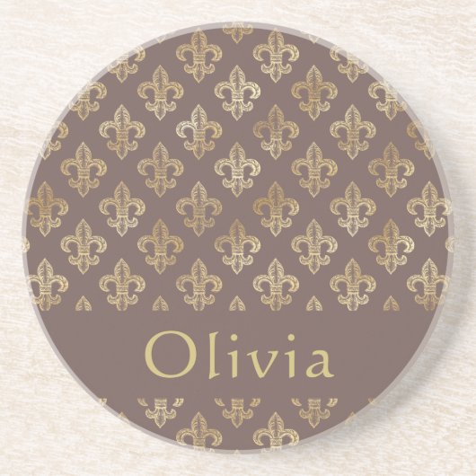 コーヒーブラウンと金ゴールド（紋章の）フラ・ダ・リ パーソナライズされた コースター (正面)