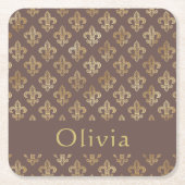 コーヒーブラウンと金ゴールド（紋章の）フラ・ダ・リ パーソナライズされた スクエアペーパーコースター (正面)