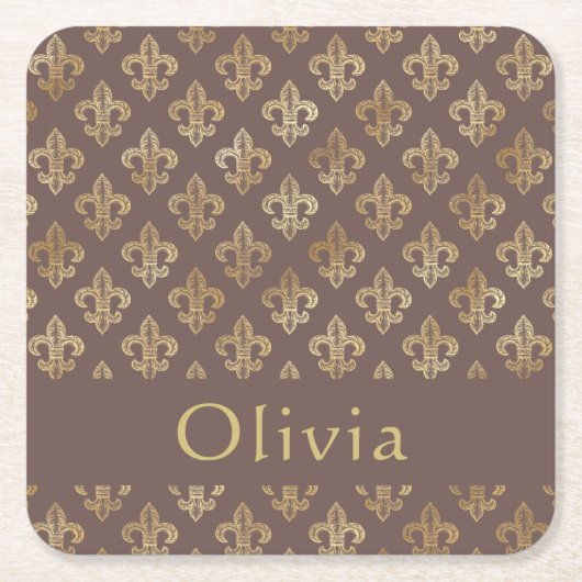 コーヒーブラウンと金ゴールド（紋章の）フラ・ダ・リ パーソナライズされた スクエアペーパーコースター (正面)