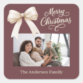 コーヒーブラウンクリームの弓の写真のスクリプトクリスマス スクエアシール (正面)