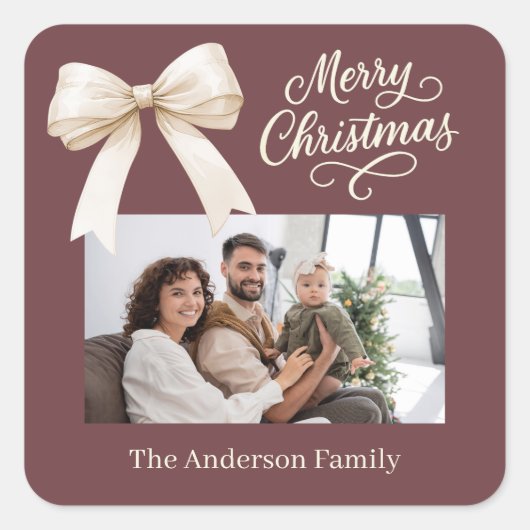 コーヒーブラウンクリームの弓の写真のスクリプトクリスマス スクエアシール (正面)