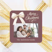 コーヒーブラウンクリームの弓の写真のスクリプトクリスマス スクエアシール