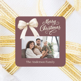 コーヒーブラウンクリームの弓の写真のスクリプトクリスマス スクエアシール