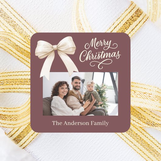 コーヒーブラウンクリームの弓の写真のスクリプトクリスマス スクエアシール