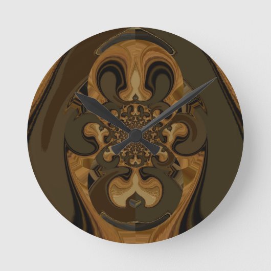 コーヒーブラウンフルード万華鏡のように千変万化するパターンアートプリント ラウンド壁時計 (正面)