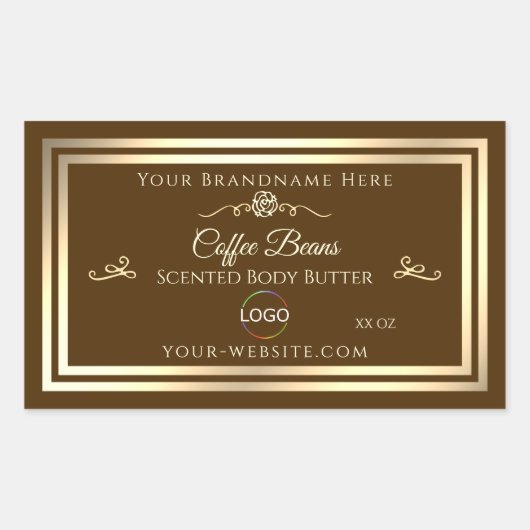 コーヒーブラウン製品ラベル金ゴールド枠（ロゴ付き） 長方形シール (正面)