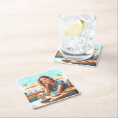 コーヒーブレイクの女の子 スクエアペーパーコースター (インサイチュ)