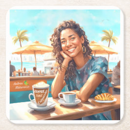 コーヒーブレイクの女の子 スクエアペーパーコースター