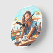 コーヒーブレイクの女の子 ラウンド壁時計 (傾斜)