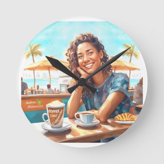 コーヒーブレイクの女の子 ラウンド壁時計 (正面)