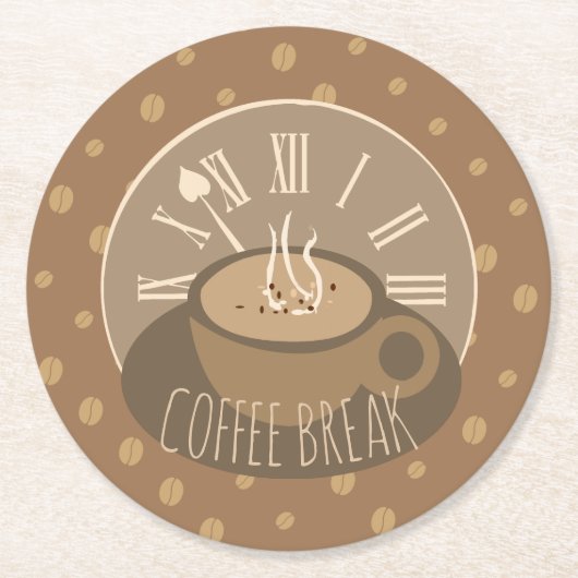 コーヒーブレイククロックと豆のカフェ ラウンドペーパーコースター (正面)