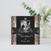 コーヒーベージュ誕生日パーティーブラックシルバーフォト 招待状 (スタンド正面)