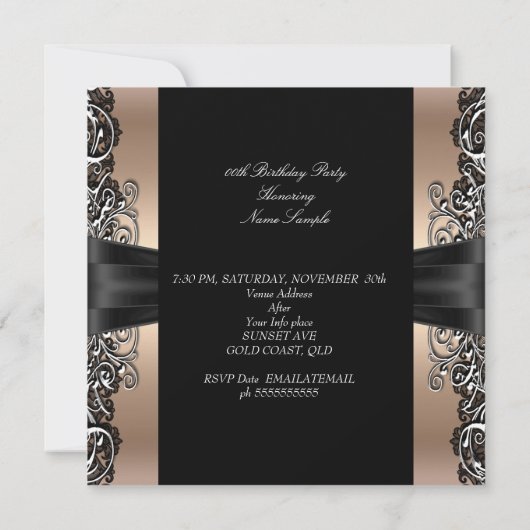 コーヒーベージュ誕生日パーティーブラックシルバーフォト 招待状 (裏面)