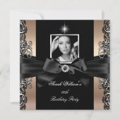コーヒーベージュ誕生日パーティーブラックシルバーフォト 招待状 (正面)