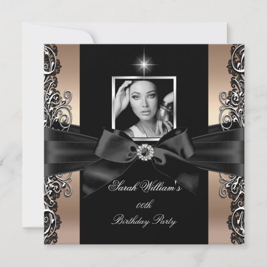 コーヒーベージュ誕生日パーティーブラックシルバーフォト 招待状 (正面)