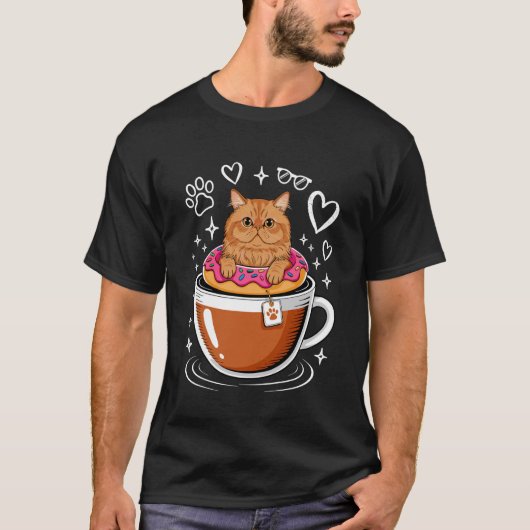 コーヒーペルシャ猫ドーナツ ロングスリーブ Tシャツ (正面)