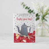 コーヒーポットの思い出と赤いテーブルクロスのグリーティングカード ポストカード (スタンド正面)