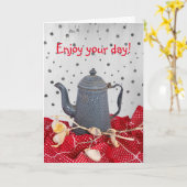 コーヒーポットの思い出と赤いテーブルクロス誕生日カード カード (黄色い花)