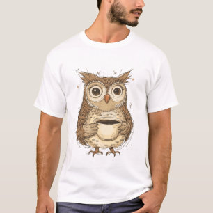 コーヒーマグのイラストを持つチャーミングなフクロウ Tシャツ
