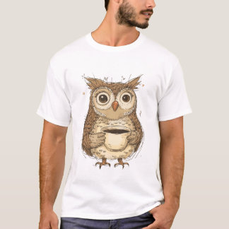 コーヒーマグのイラストを持つチャーミングなフクロウ Tシャツ