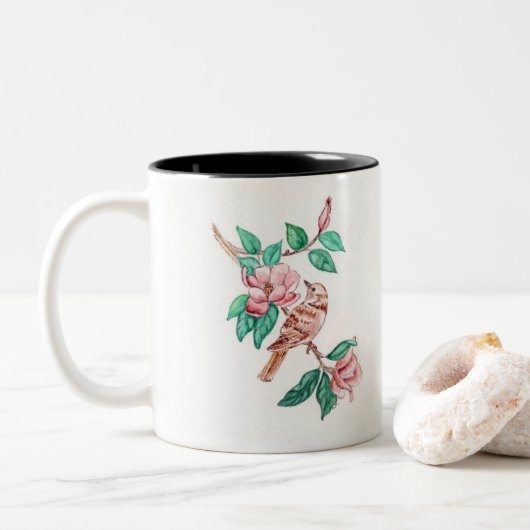 コーヒーマグの上の鳥の花 ツートーンマグカップ (ドーナツ)