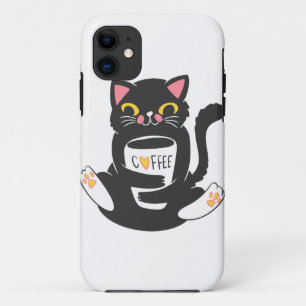 コーヒーマグを抱く猫 – 背景コロを選択 iPhone 11 ケース