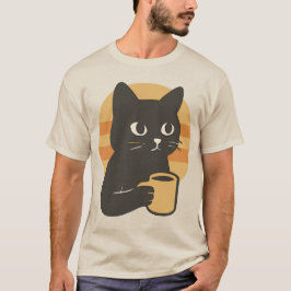 コーヒーマグを持っている漫画の黒猫 Tシャツ