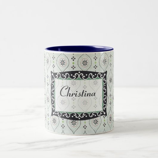 コーヒーマグカップ2青い花柄 ツートーンマグカップ (中央)