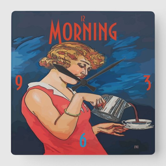 コーヒーモーニングヴィンテージスタイル スクエア壁時計 (正面)