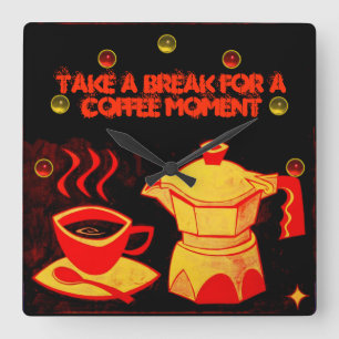 コーヒーモーメント/レッドイエローコーヒーカップ及びコーヒーポット スクエア壁時計