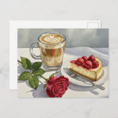 コーヒーラテチーズケーキいちごバラ葉書 ポストカード (正面/裏面)