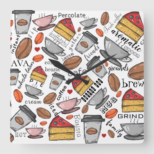 コーヒーラバーコーヒーショップまたはカフェクロック スクエア壁時計 (正面)