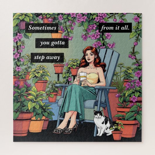 コーヒーリラックス、猫、植物と ジグソーパズル (縦)