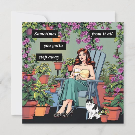 コーヒーリラックス、猫、植物と ノートカード (正面)