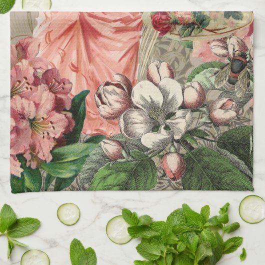 コーヒーレディビクトリアンーウーマンピンク教室 キッチンタオル (折り畳み)