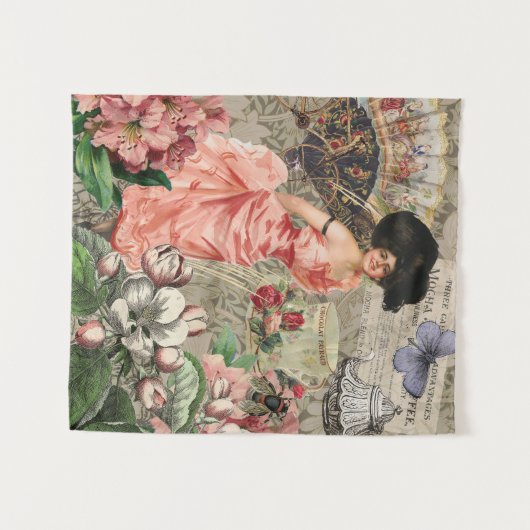 コーヒーレディビクトリアンーウーマンピンク教室 タペストリー (正面(横))