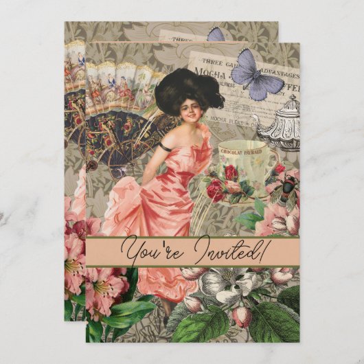 コーヒーレディビクトリアンーウーマンピンク教室 招待状 (正面/裏面)