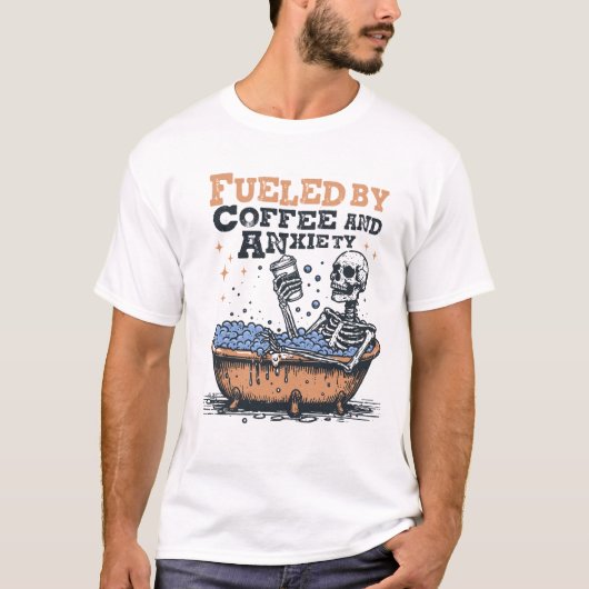 コーヒー不安スケルトンおもしろいティー Tシャツ (正面)